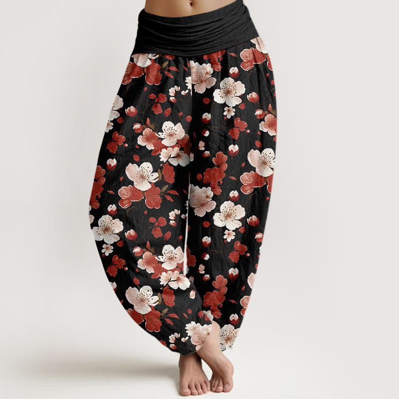 Buddha Stones Pink Red Peach Blossoms Design Women's Elastic Waist Harem Pants - Black - US22，UK/AU26，EU54 (6XL) - image 1