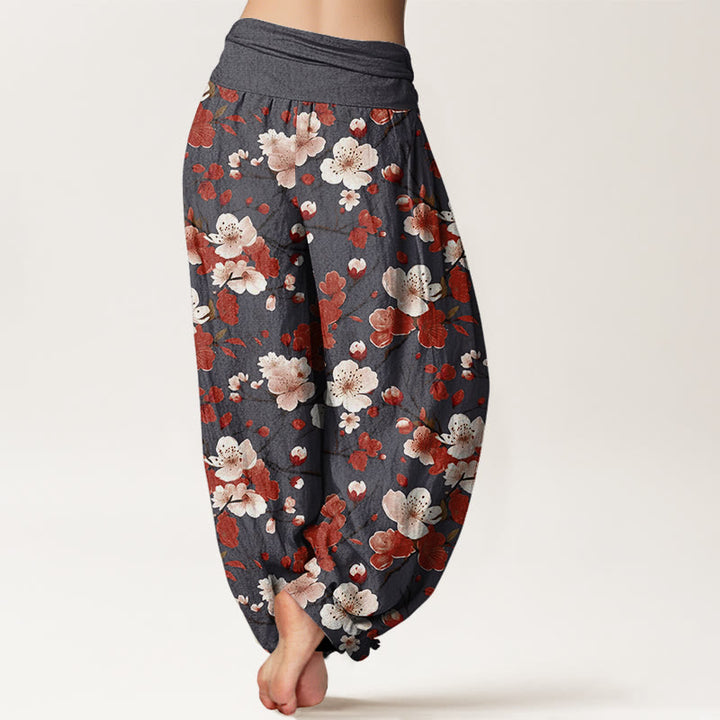 Buddha Stones Cotton Pink Red Peach Blossoms Design Women's Elastic Waist Harem Pants - image 8