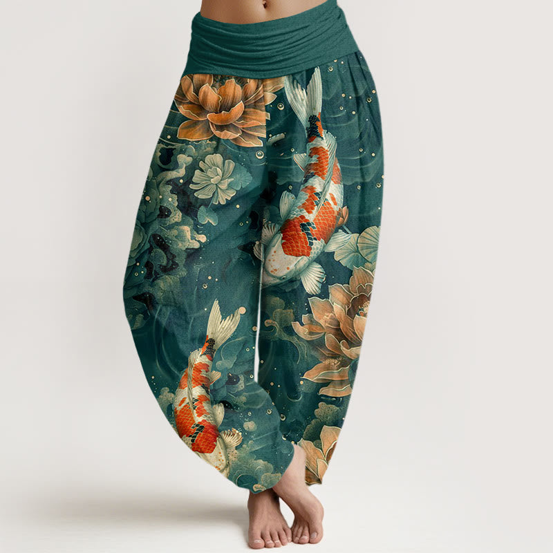 Buddha Stones Cotton Colorful Koi Fish Lotus Flowers Design Women's Elastic Waist Harem Pants - LightSeaGreen - US22，UK/AU26，EU54 (6XL) - image 0