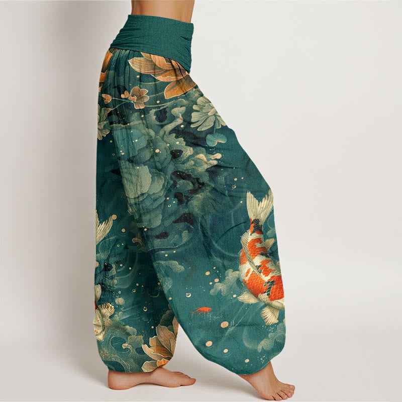 Buddha Stones Cotton Colorful Koi Fish Lotus Flowers Design Women's Elastic Waist Harem Pants - image 2