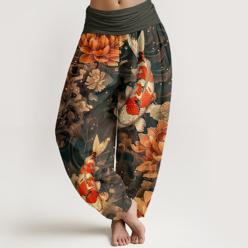 Buddha Stones Colorful Koi Fish Lotus Flowers Design Women's Elastic Waist Harem Pants - Tan - US22，UK/AU26，EU54 (6XL) - image 4