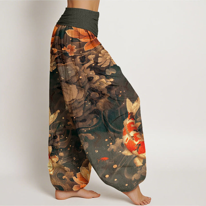 Buddha Stones Cotton Colorful Koi Fish Lotus Flowers Design Women's Elastic Waist Harem Pants - image 6
