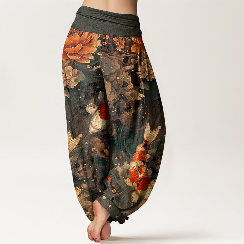 Buddha Stones Cotton Colorful Koi Fish Lotus Flowers Design Women's Elastic Waist Harem Pants - image 5