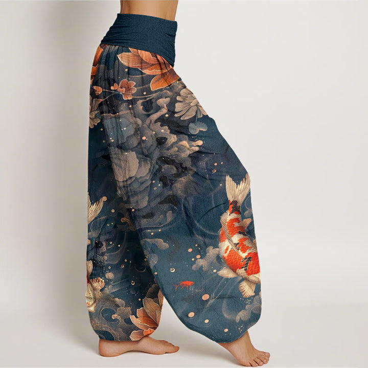 Buddha Stones Colorful Koi Fish Lotus Flowers Design Women's Elastic Waist Harem Pants - image 10