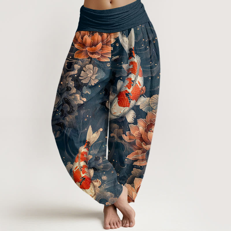 Buddha Stones Colorful Koi Fish Lotus Flowers Design Women's Elastic Waist Harem Pants - SteelBlue - US22，UK/AU26，EU54 (6XL) - image 7