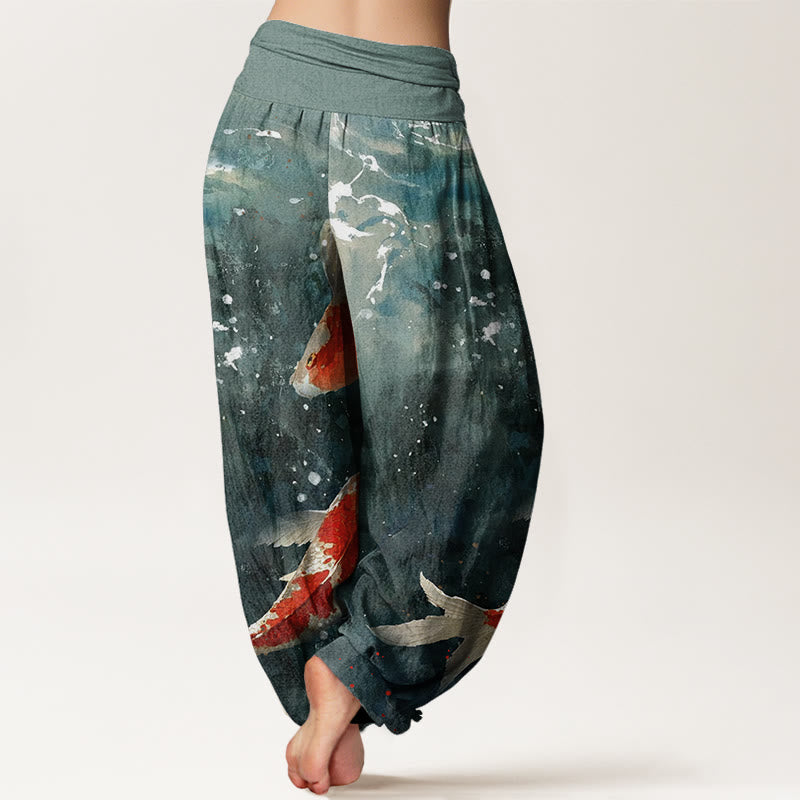 Buddha Stones Colorful Koi Fish Ocean Design Women's Elastic Waist Harem Pants - image 2