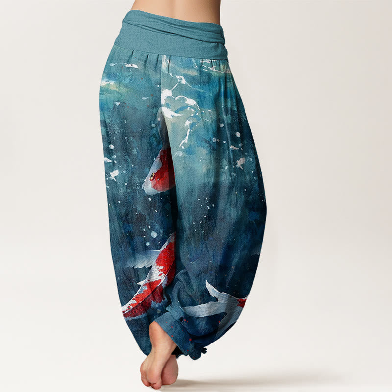 Buddha Stones Colorful Koi Fish Ocean Design Women's Elastic Waist Harem Pants - image 9