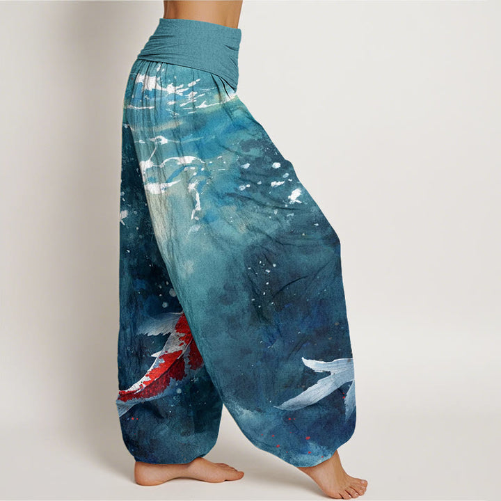 Buddha Stones Colorful Koi Fish Ocean Design Women's Elastic Waist Harem Pants - image 10
