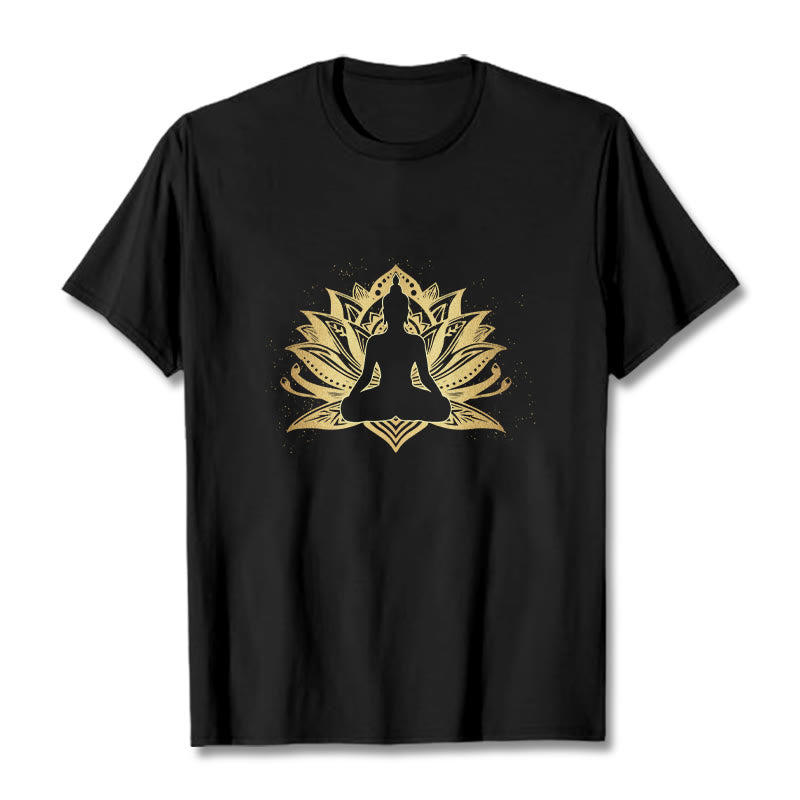 Buddha Stones Golden Lotus Meditation Buddha Tee T-shirt - Black - 2XL - image 1