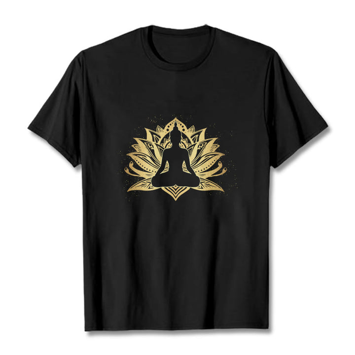 Buddha Stones Golden Lotus Meditation Buddha Tee T-shirt - Black - 2XL - image 1