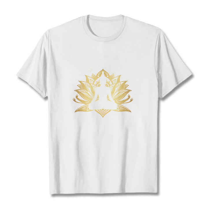 Buddha Stones Golden Lotus Meditation Buddha Tee T-shirt - White - 2XL - image 6
