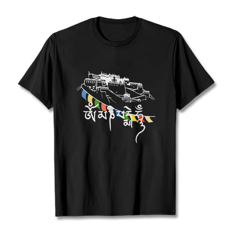 Buddha Stones Potala Palace Om Mani Padme Hum Prayer Flags Cotton Tee T-shirt - Black - 2XL - image 5