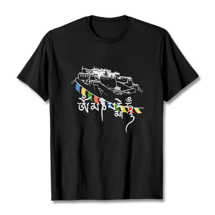 Buddha Stones Potala Palace Om Mani Padme Hum Prayer Flags Cotton Tee T-shirt - Black - 2XL - image 5