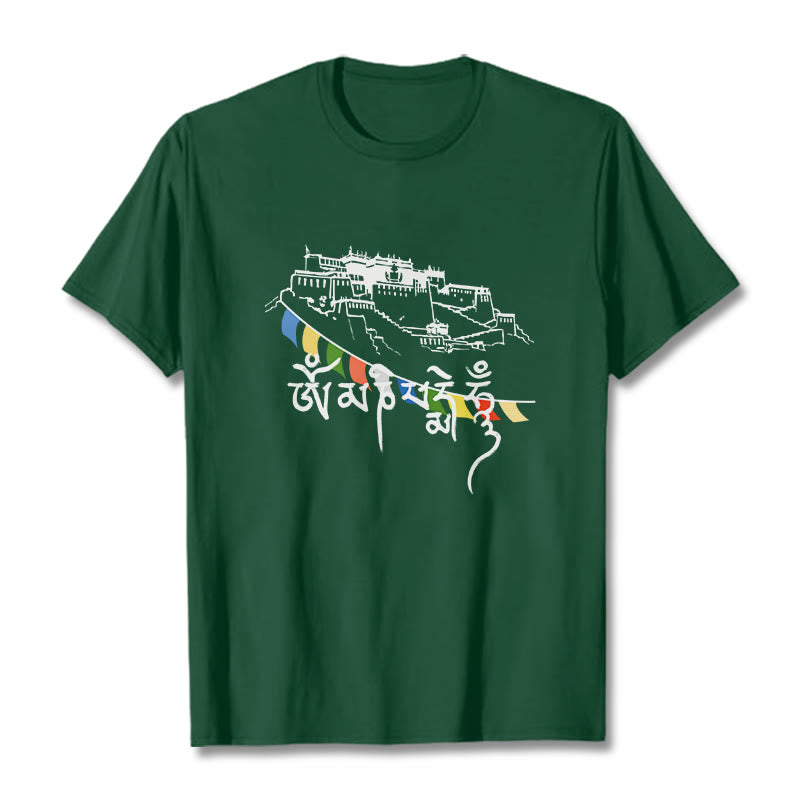 Buddha Stones Potala Palace Om Mani Padme Hum Prayer Flags Cotton Tee T-shirt - ForestGreen - 2XL - image 3