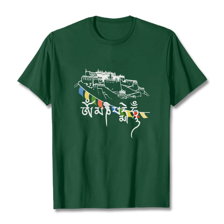 Buddha Stones Potala Palace Om Mani Padme Hum Prayer Flags Cotton Tee T-shirt - ForestGreen - 2XL - image 3