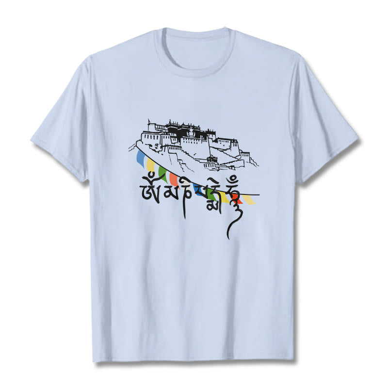 Buddha Stones Potala Palace Om Mani Padme Hum Prayer Flags Cotton Tee T-shirt - LightCyan - 2XL - image 9