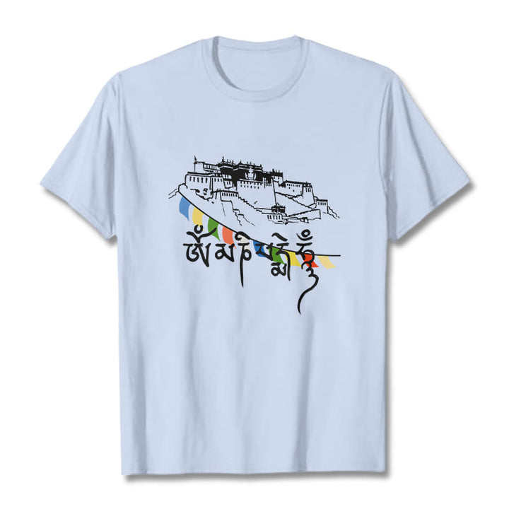 Buddha Stones Potala Palace Om Mani Padme Hum Prayer Flags Cotton Tee T-shirt - LightCyan - 2XL - image 9