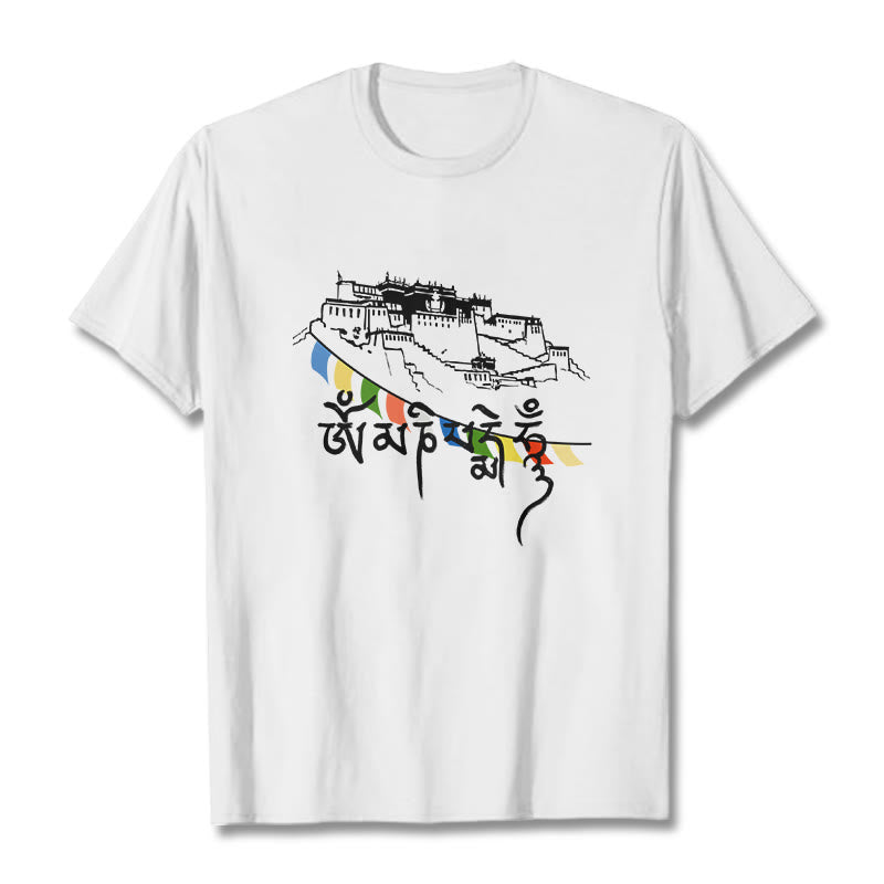 Buddha Stones Potala Palace Om Mani Padme Hum Prayer Flags Cotton Tee T-shirt - White - 2XL - image 12