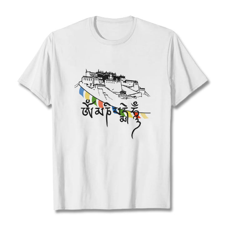 Buddha Stones Potala Palace Om Mani Padme Hum Prayer Flags Cotton Tee T-shirt - White - 2XL - image 12