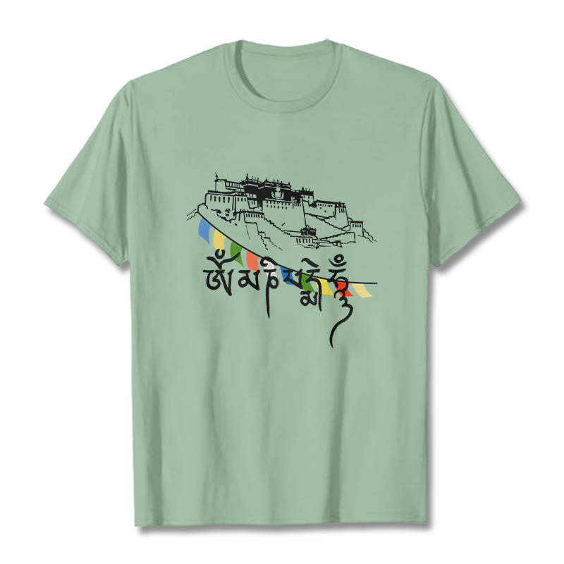 Buddha Stones Potala Palace Om Mani Padme Hum Prayer Flags Cotton Tee T-shirt - PaleGreen - 2XL - image 15