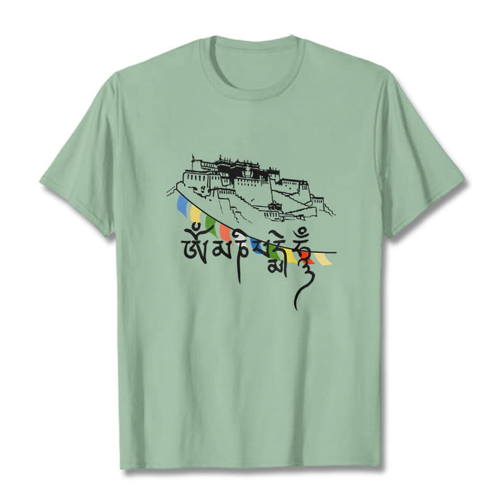 Buddha Stones Potala Palace Om Mani Padme Hum Prayer Flags Cotton Tee T-shirt - PaleGreen - 2XL - image 15