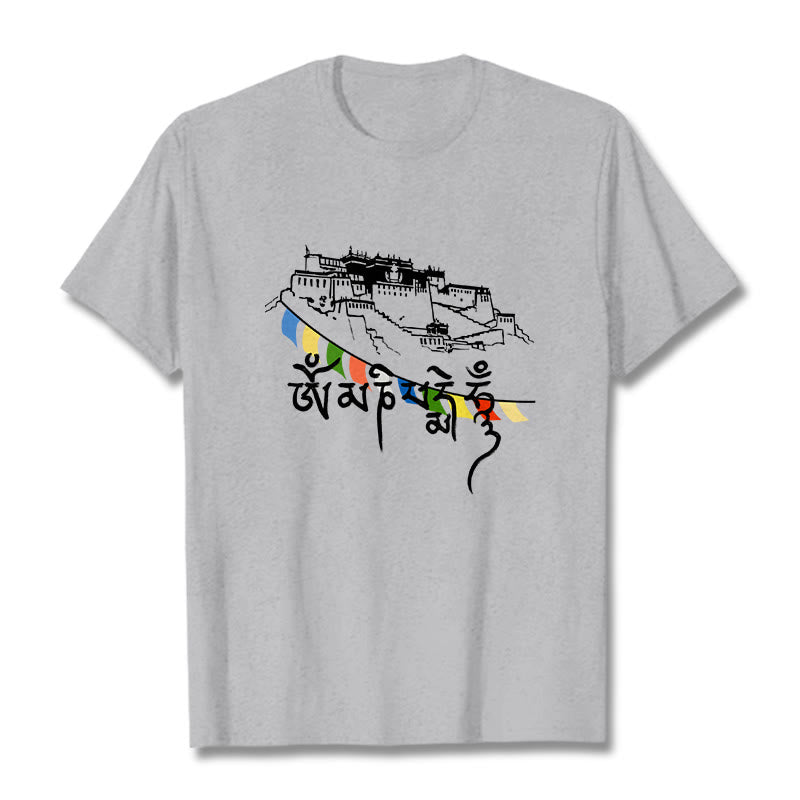Buddha Stones Potala Palace Om Mani Padme Hum Prayer Flags Cotton Tee T-shirt - LightGrey - 2XL - image 1