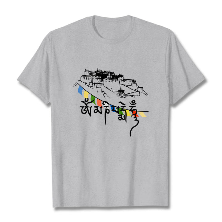 Buddha Stones Potala Palace Om Mani Padme Hum Prayer Flags Cotton Tee T-shirt - LightGrey - 2XL - image 1