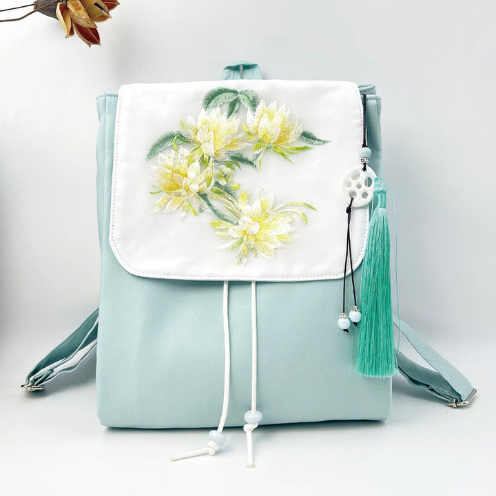 Buddha Stones Handmade Blue Epiphyllum Embroidered Large Capacity Canvas Backpack