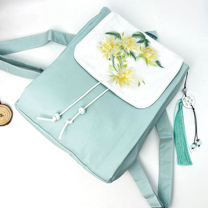 Buddha Stones Handmade Blue Epiphyllum Embroidered Large Capacity Canvas Backpack