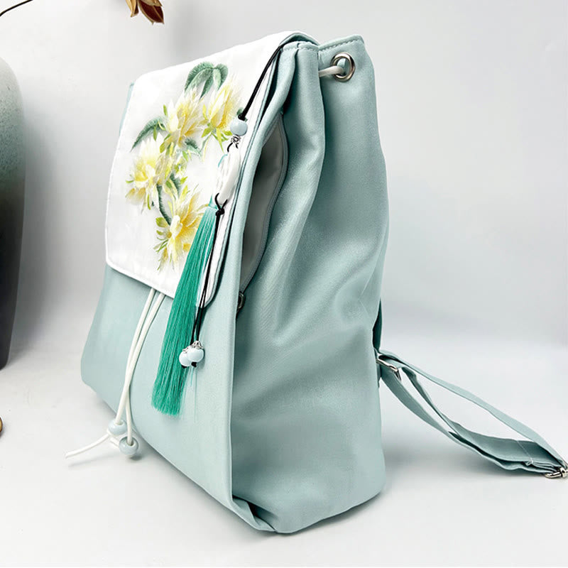 Buddha Stones Handmade Blue Epiphyllum Embroidered Large Capacity Canvas Backpack