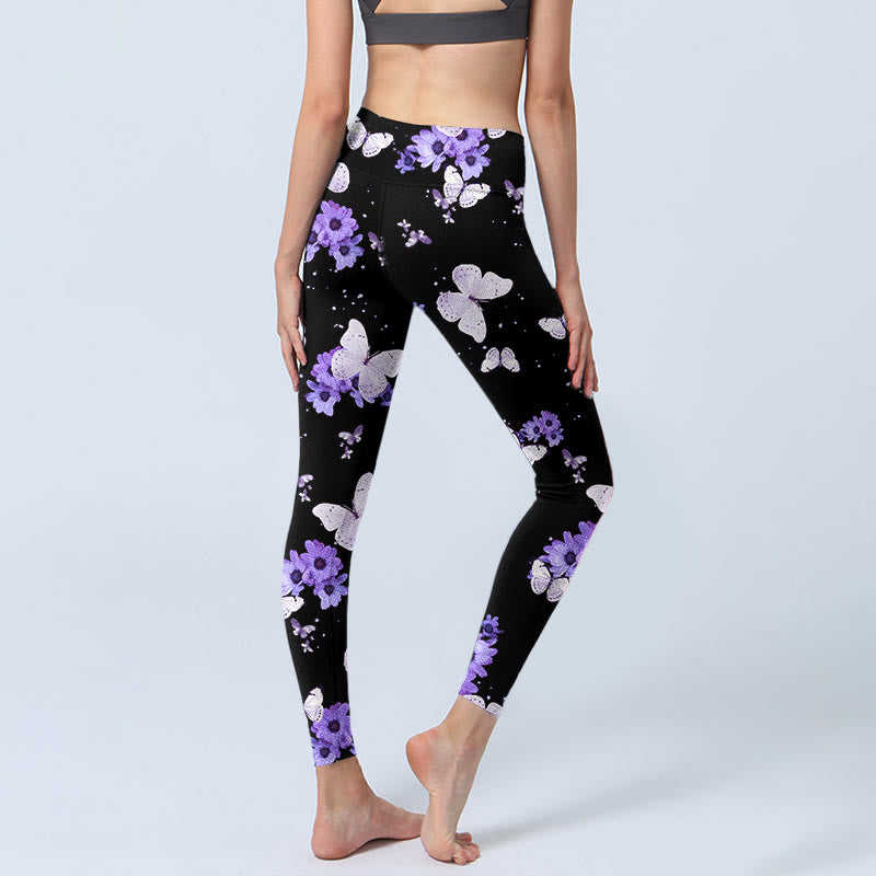 Buddha Stones Purple Floral Butterfly Print Exercise Leggings Women's Yoga Pants - image 3