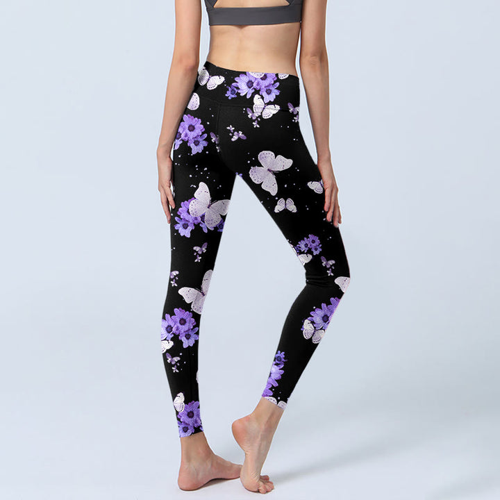 Buddha Stones Purple Floral Butterfly Print Exercise Leggings Women's Yoga Pants - image 3