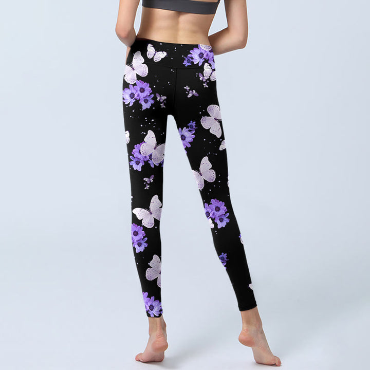 Buddha Stones Purple Floral Butterfly Print Exercise Leggings Women's Yoga Pants - image 6