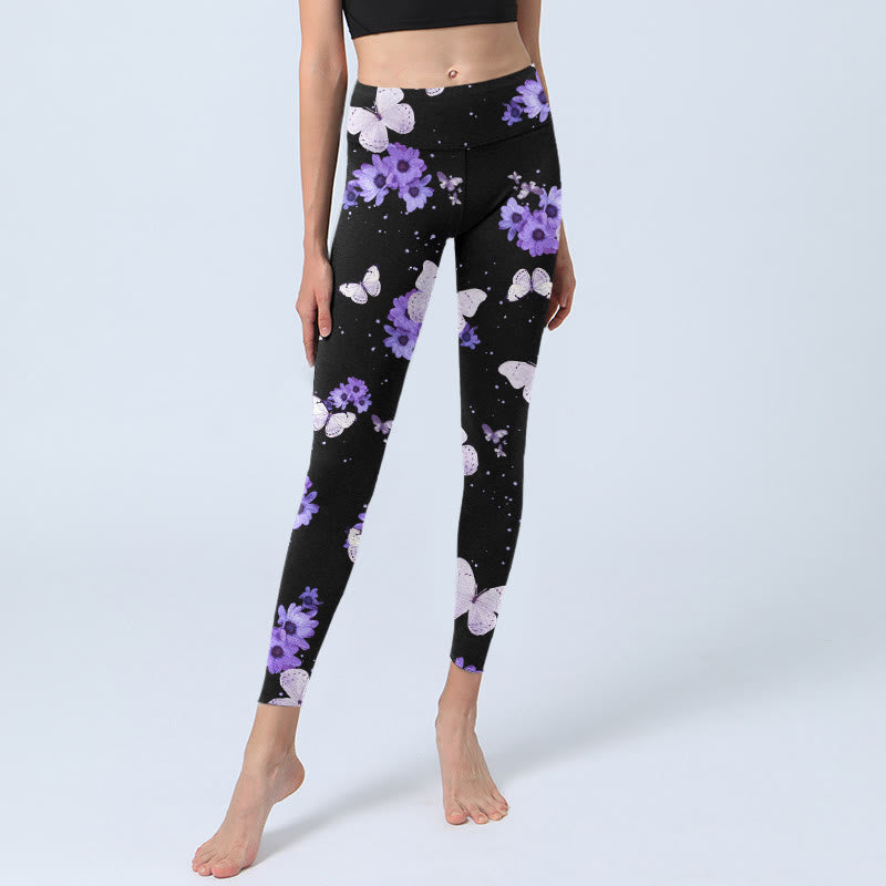 Buddha Stones Purple Floral Butterfly Print Exercise Leggings Women's Yoga Pants - image 5