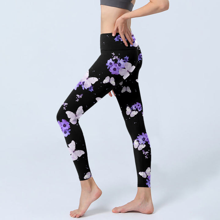 Buddha Stones Purple Floral Butterfly Print Exercise Leggings Women's Yoga Pants - image 2