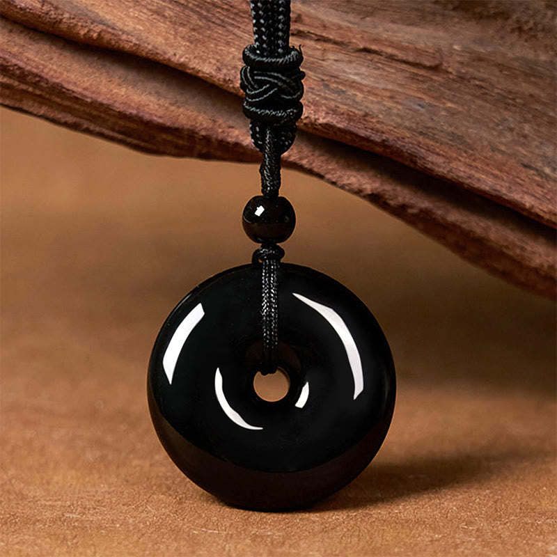 Buddha Stones Natural Black Obsidian Peace Buckle Strength Rope Necklace Pendant