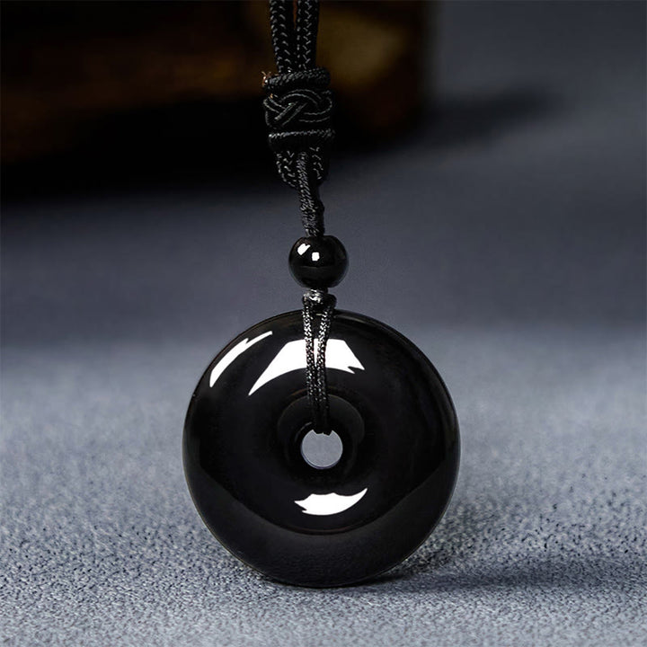 Buddha Stones Natural Black Obsidian Peace Buckle Strength Rope Necklace Pendant
