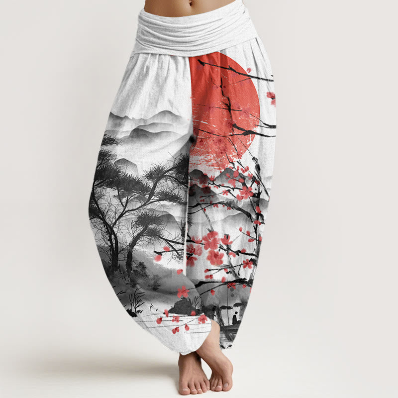 Buddha Stones Casual Red Plum Blossom Mountains Sun Pattern Women's Elastic Waist Harem Pants - White - US22，UK/AU26，EU54 (6XL) - image 1