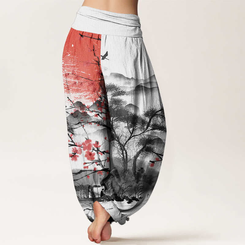 Buddha Stones Casual Red Plum Blossom Mountains Sun Pattern Women's Elastic Waist Harem Pants - image 2