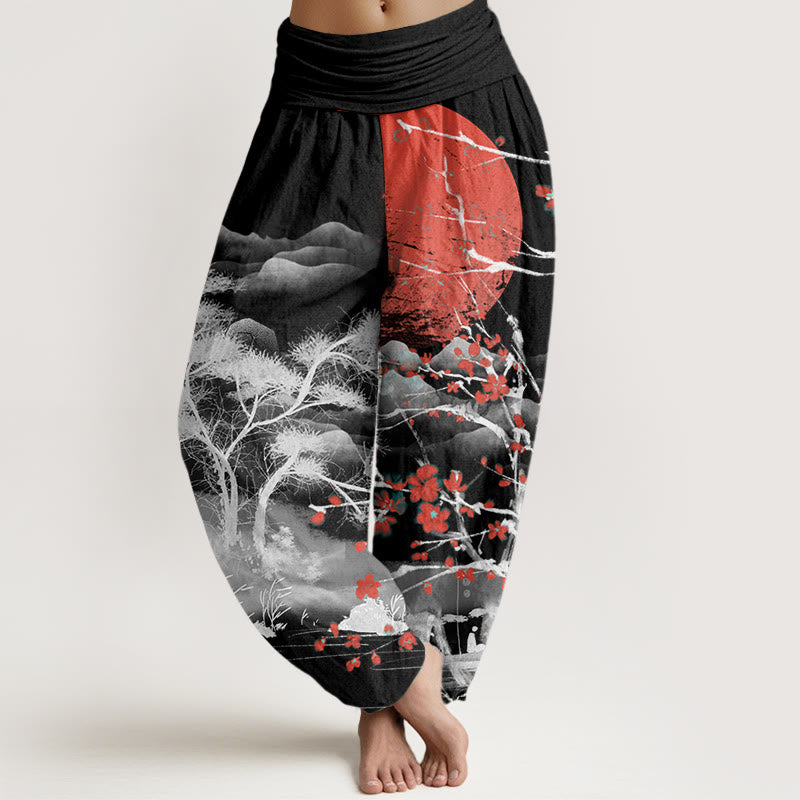 Buddha Stones Casual Red Plum Blossom Mountains Sun Pattern Women's Elastic Waist Harem Pants - Black - US22，UK/AU26，EU54 (6XL) - image 5