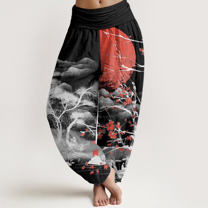 Buddha Stones Casual Red Plum Blossom Mountains Sun Pattern Women's Elastic Waist Harem Pants - Black - US22，UK/AU26，EU54 (6XL) - image 5