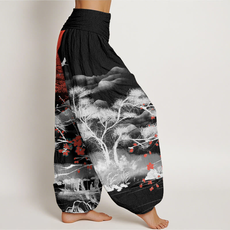 Buddha Stones Cotton Casual Red Plum Blossom Mountains Sun Pattern Women's Elastic Waist Harem Pants - image 6