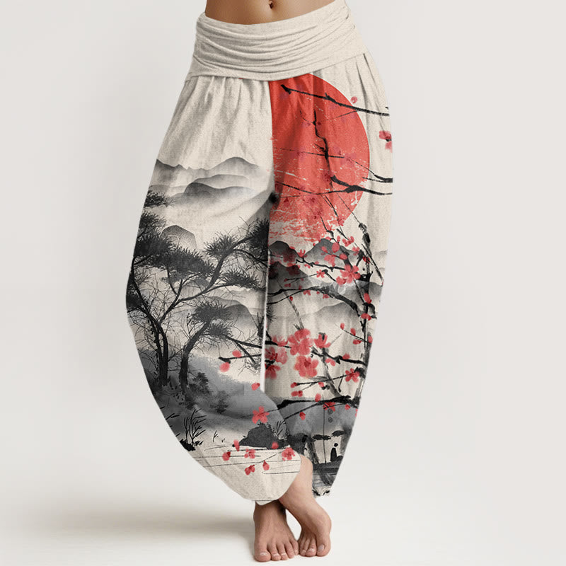 Buddha Stones Casual Red Plum Blossom Mountains Sun Pattern Women's Elastic Waist Harem Pants - Beige - US22，UK/AU26，EU54 (6XL) - image 8