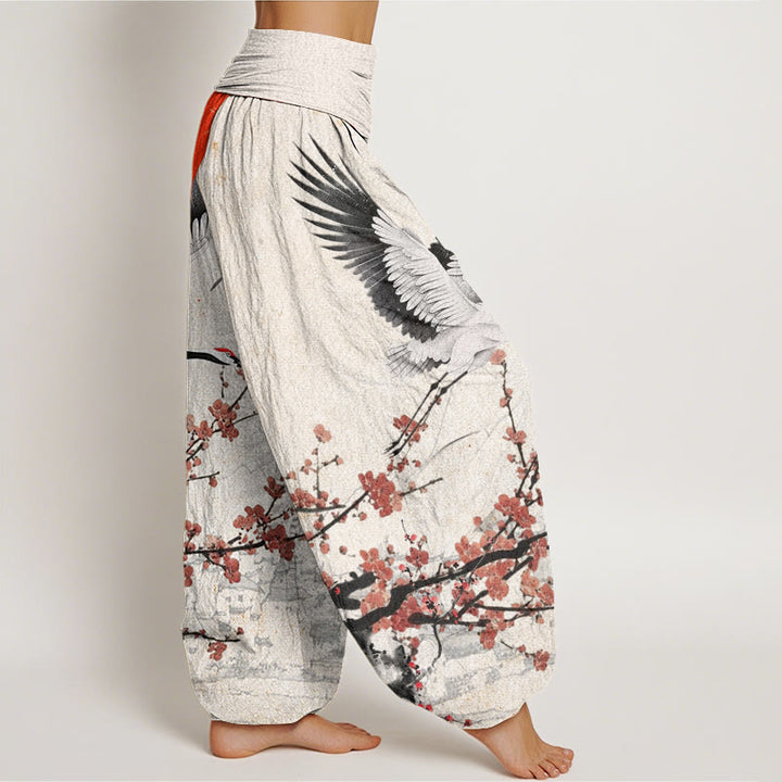 Buddha Stones Red-Crowned Crane Sun Red Plum Blossom Pattern Women's Elastic Waist Harem Pants - image 3