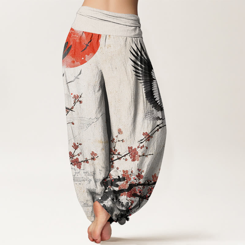 Buddha Stones Red-Crowned Crane Sun Red Plum Blossom Pattern Women's Elastic Waist Harem Pants - image 2