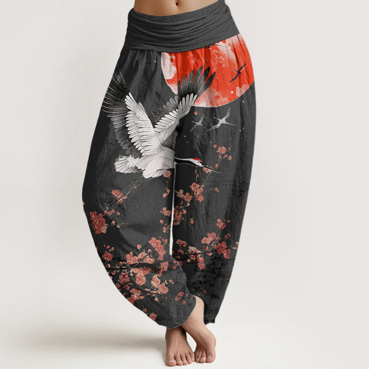 Buddha Stones Red-Crowned Crane Sun Red Plum Blossom Pattern Women's Elastic Waist Harem Pants - Black - US22，UK/AU26，EU54 (6XL) - image 5