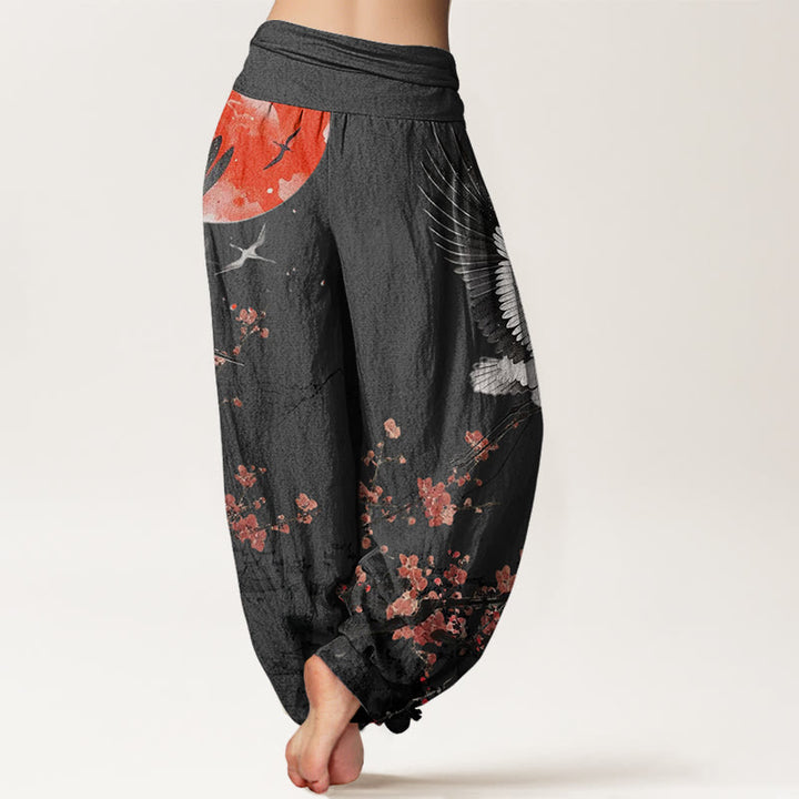 Buddha Stones Red-Crowned Crane Sun Red Plum Blossom Pattern Women's Elastic Waist Harem Pants - image 6