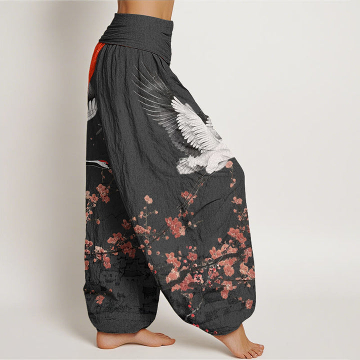 Buddha Stones Red-Crowned Crane Sun Red Plum Blossom Pattern Women's Elastic Waist Harem Pants - image 7