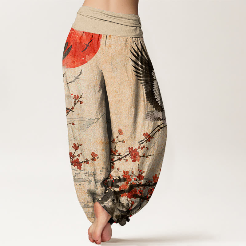 Buddha Stones Red-Crowned Crane Sun Red Plum Blossom Pattern Women's Elastic Waist Harem Pants - image 9