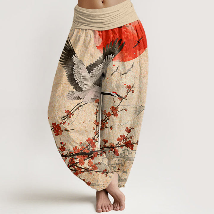 Buddha Stones Red-Crowned Crane Sun Red Plum Blossom Pattern Women's Elastic Waist Harem Pants - Khaki - US22，UK/AU26，EU54 (6XL) - image 8
